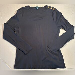 Lauren Ralph Lauren Women’s XL 100% Cotton Long Sleeve Black Top 3 Gold Buttons